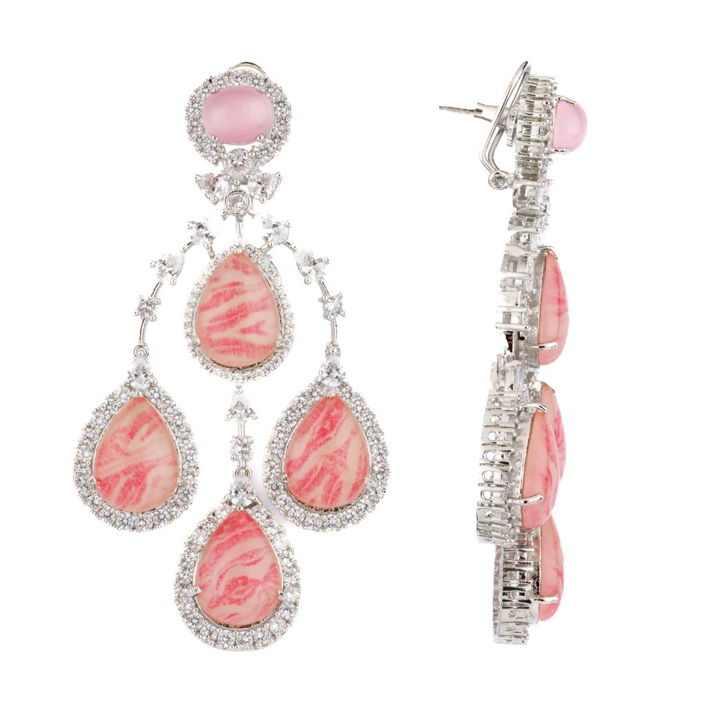 Rhodium Plated Onyx And Zircon Strand Drop Earrings : VE164