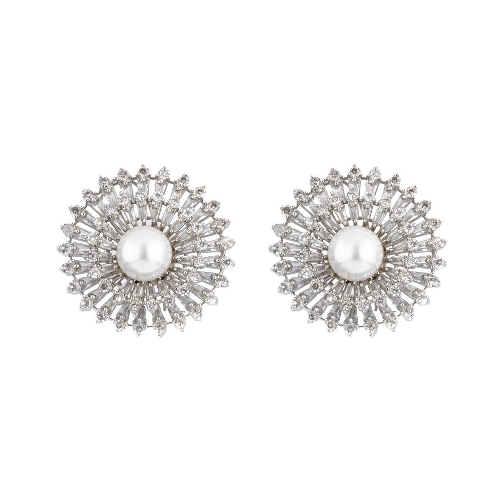 Rhodium Plated Zircon & Pearl Studded Stud Earrings : VE169