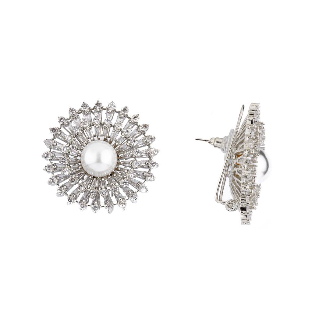 Rhodium Plated Zircon & Pearl Studded Stud Earrings : VE169