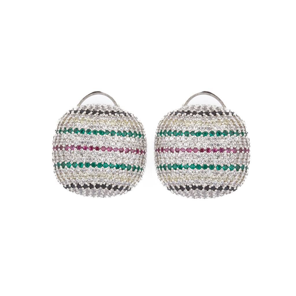 Rhodium Plated Zircon Studed Multi Color Stripes Stud Earrings : VE193