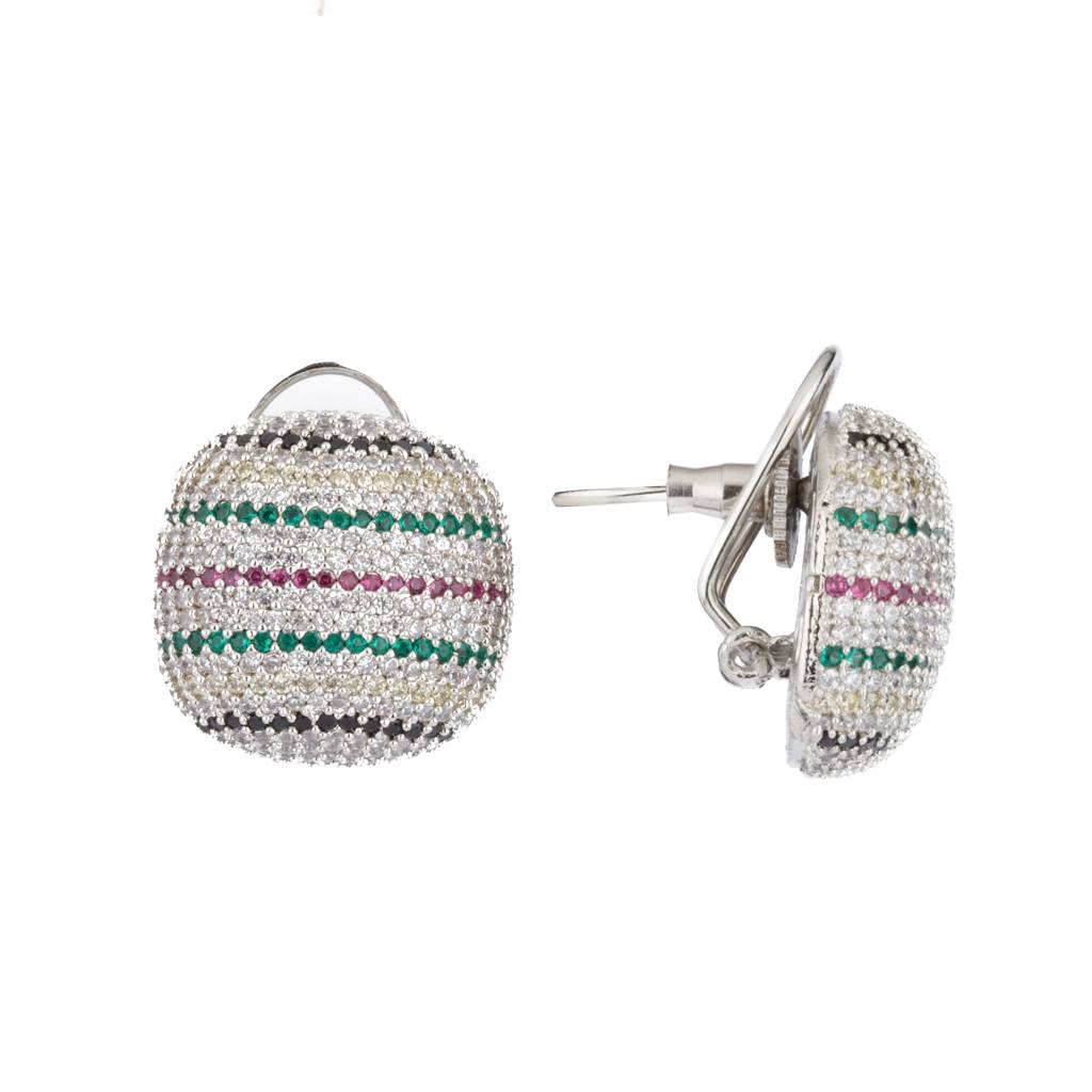 Rhodium Plated Zircon Studed Multi Color Stripes Stud Earrings : VE193