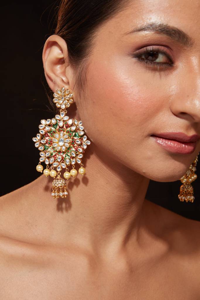 Gold Plated Kundan With Onyx Dangle Earrings : VE300