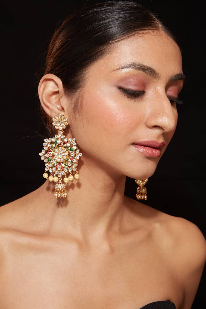 Gold Plated Kundan With Onyx Dangle Earrings : VE300