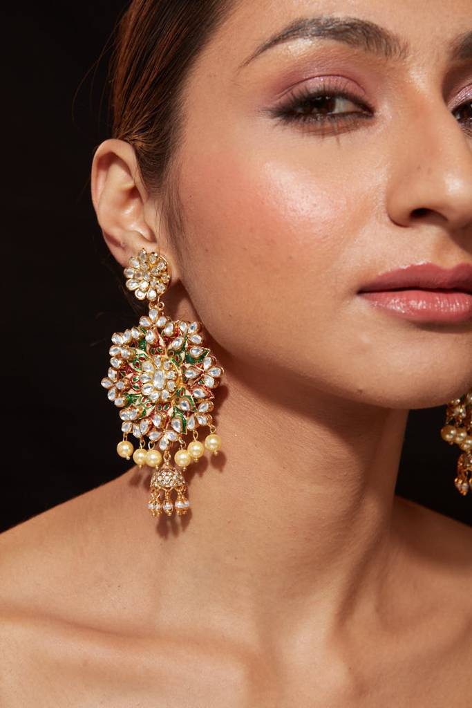 Gold Plated Kundan With Onyx Dangle Earrings : VE300