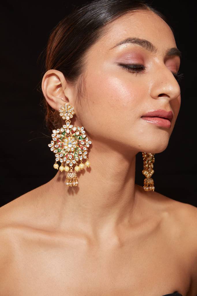 Gold Plated Kundan With Onyx Dangle Earrings : VE300