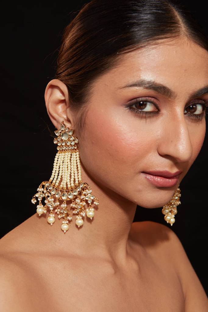 Gold Plated Kundan With Pearl Strand Dangle Earrings : VE334