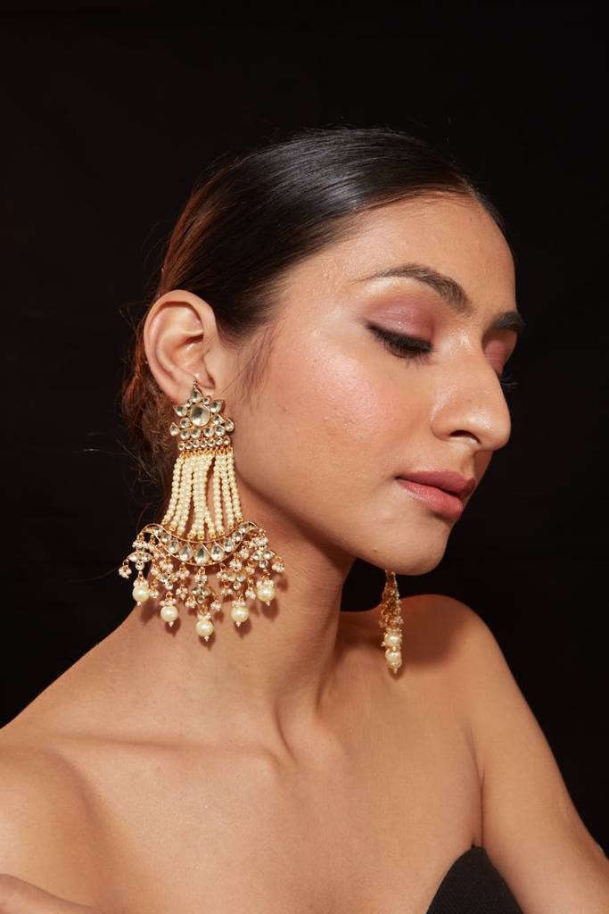 Gold Plated Kundan With Pearl Strand Dangle Earrings : VE334