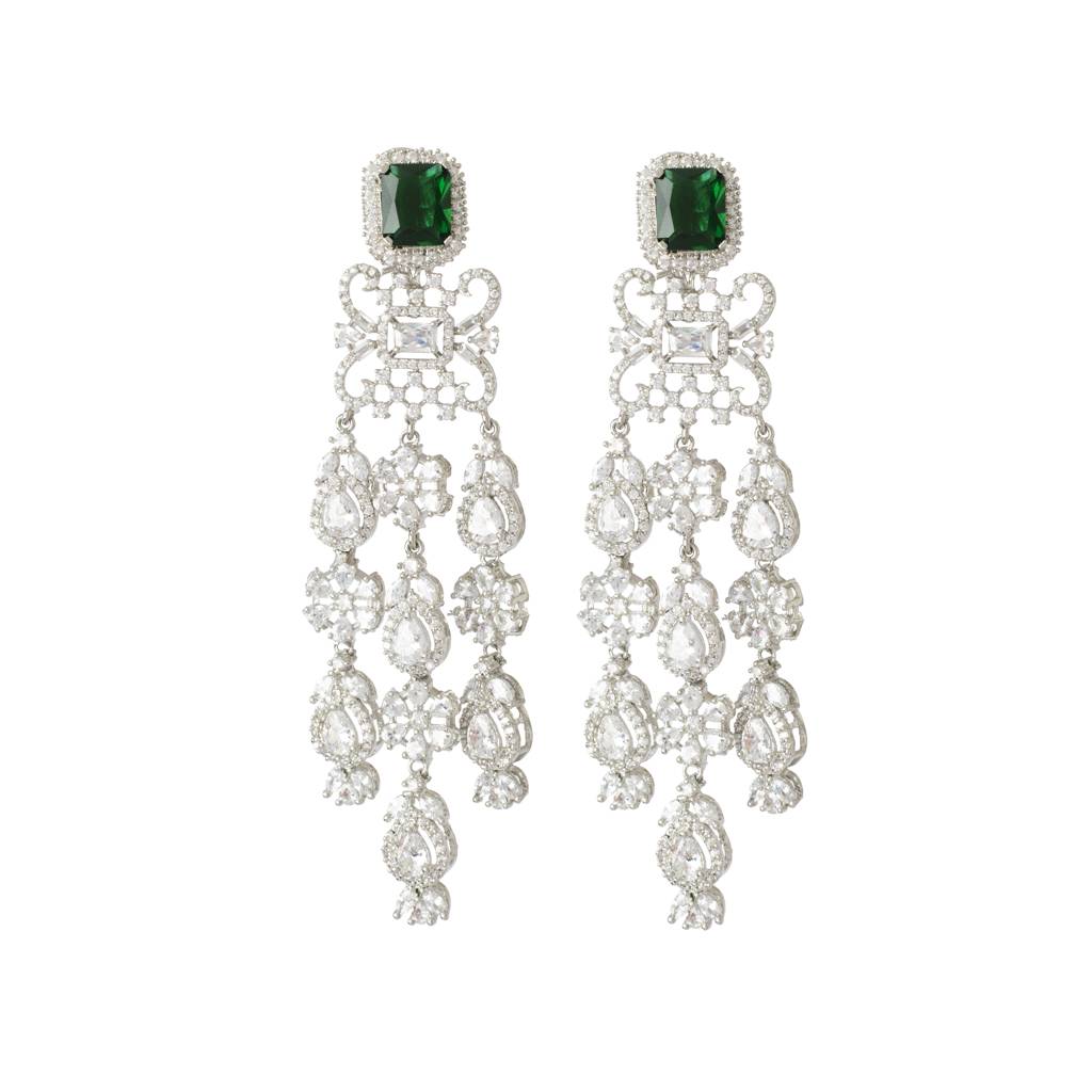 Rhodium Plated Flower Motif Zircon Studded Drop Earrings : VE336