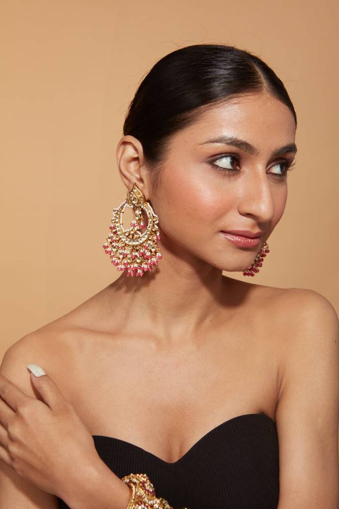 Gold Plated Kundan Studded Pink Bead Drop Chaandbali Earrings : VE346