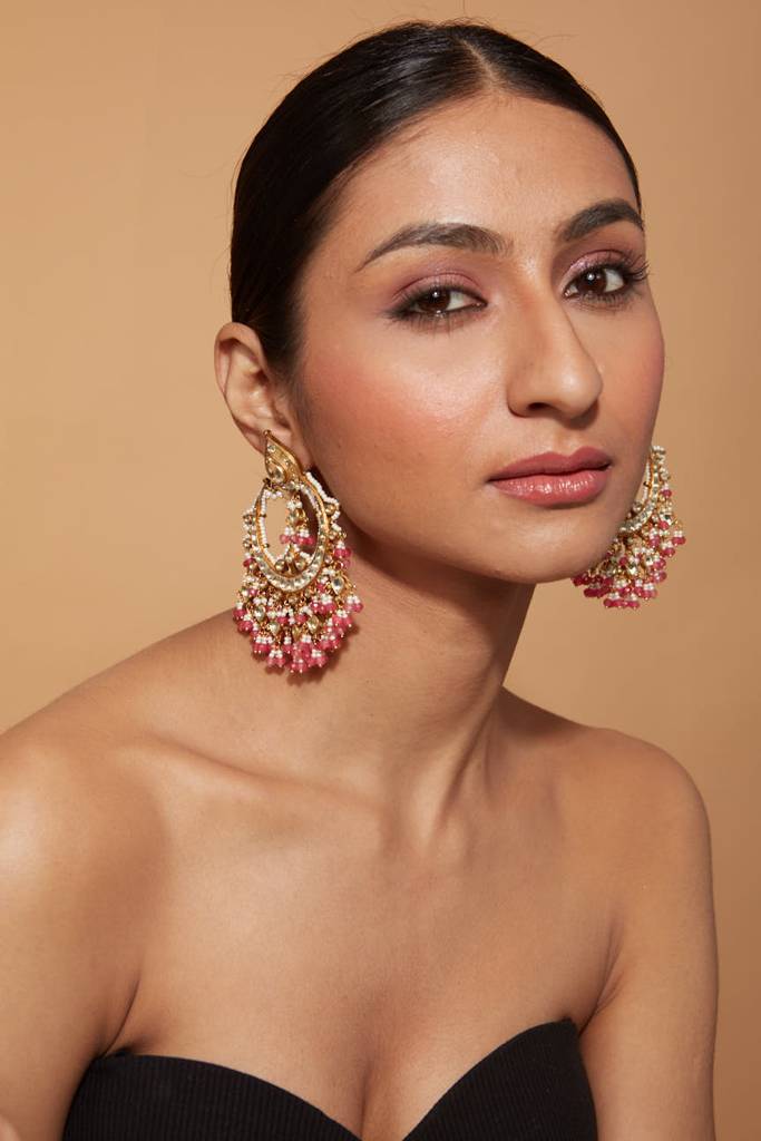 Gold Plated Kundan Studded Pink Bead Drop Chaandbali Earrings : VE346