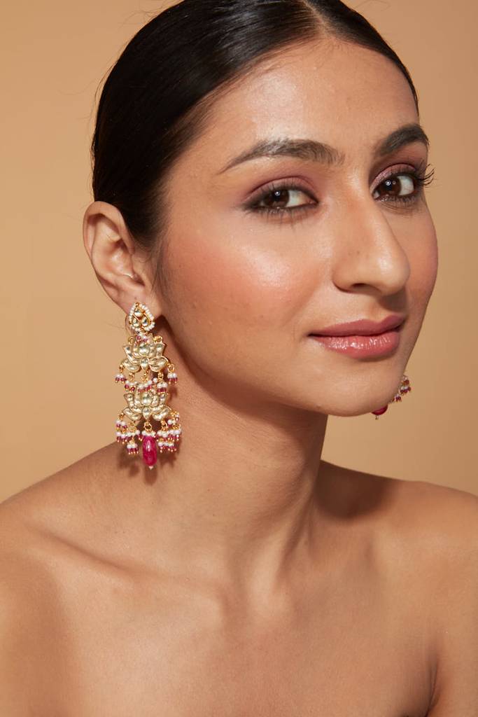 Gold Plated Kundan Studded Pink Drop Lotus Shape Dangle Earrings : VE347