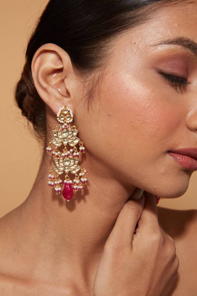 Gold Plated Kundan Studded Pink Drop Lotus Shape Dangle Earrings : VE347