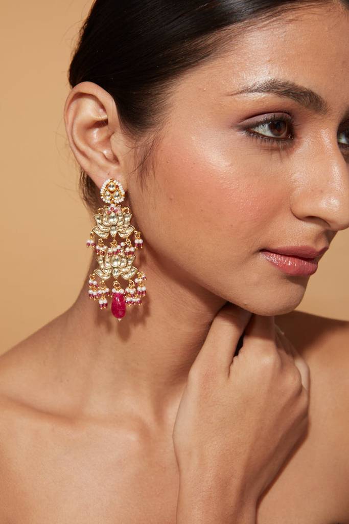 Gold Plated Kundan Studded Pink Drop Lotus Shape Dangle Earrings : VE347
