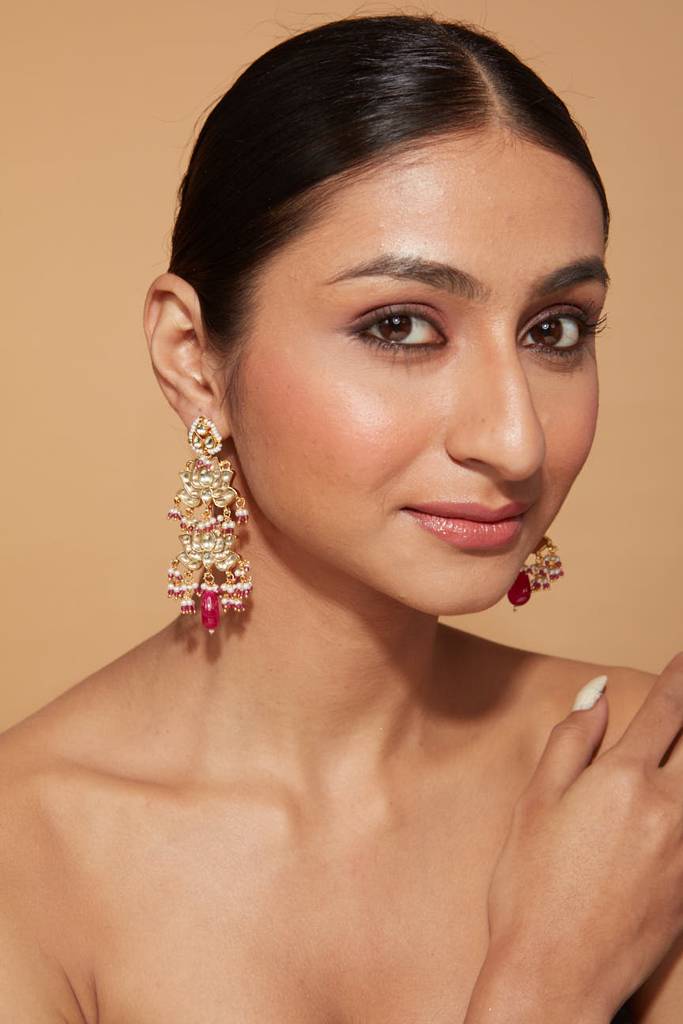 Gold Plated Kundan Studded Pink Drop Lotus Shape Dangle Earrings : VE347