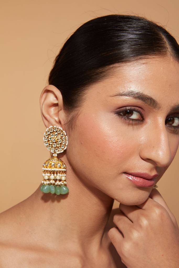 Gold Plated Kundan Studded With Green Bead Drop Jhumka Earrings : VE348