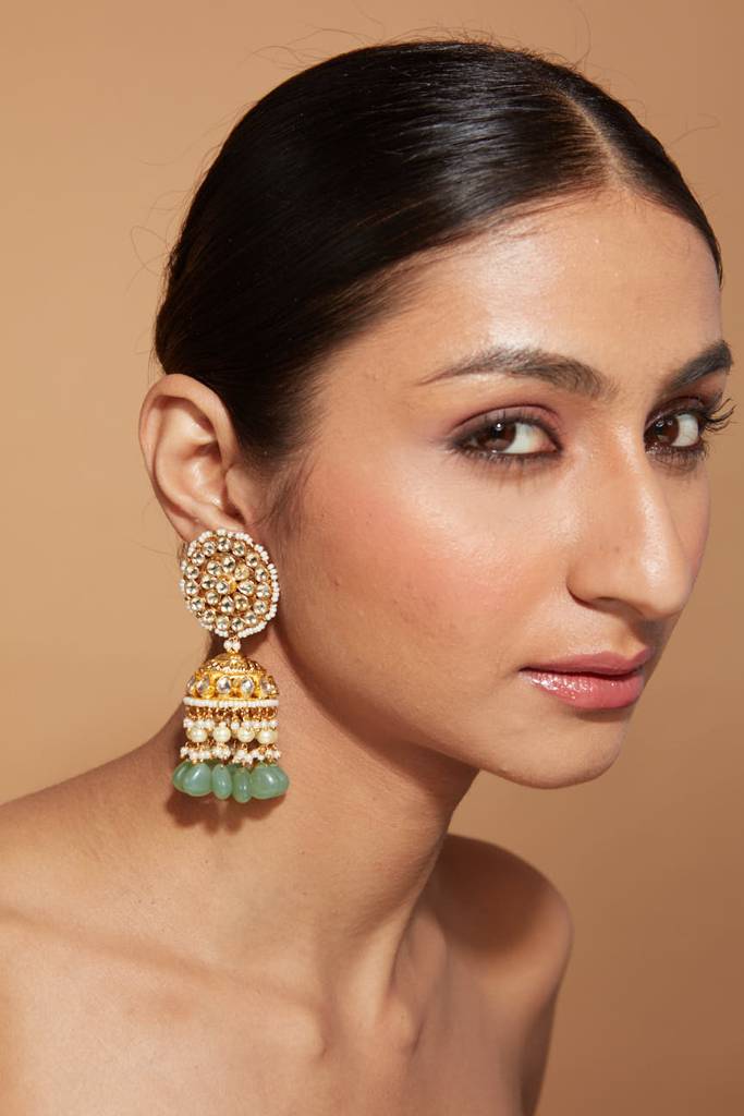 Gold Plated Kundan Studded With Green Bead Drop Jhumka Earrings : VE348