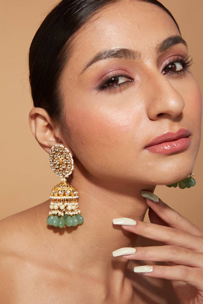 Gold Plated Kundan Studded With Green Bead Drop Jhumka Earrings : VE348