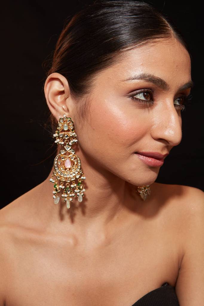 Gold Plated Kundan With Bead Drop Dangle Earrings : VE349