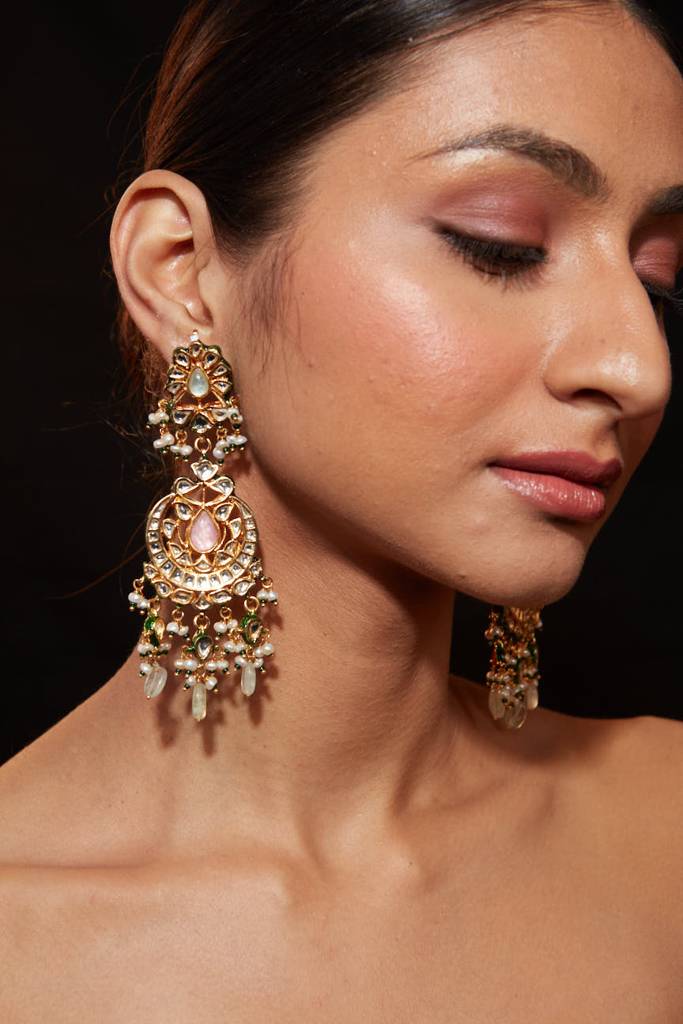 Gold Plated Kundan With Bead Drop Dangle Earrings : VE349