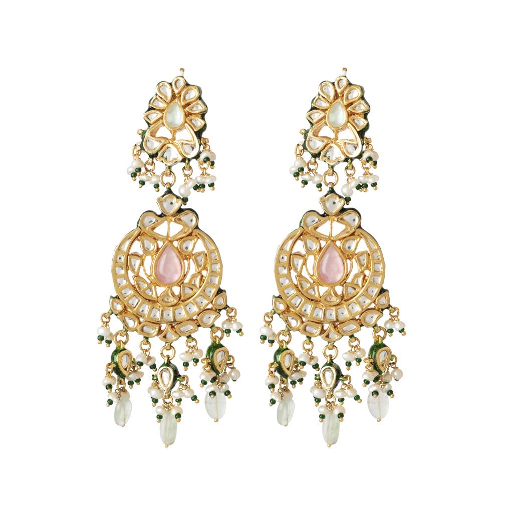Gold Plated Kundan With Bead Drop Dangle Earrings : VE349