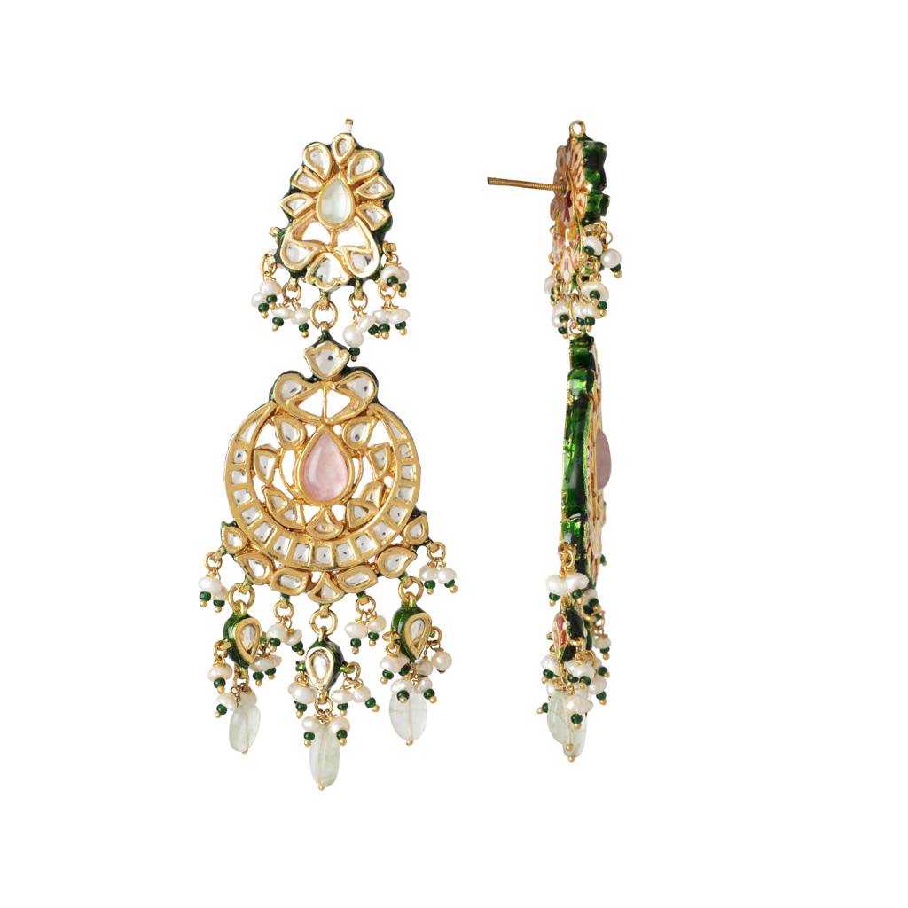 Gold Plated Kundan With Bead Drop Dangle Earrings : VE349