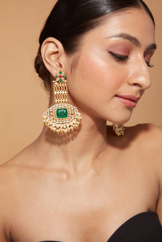 Gold Plated Kundan With Synthetic Emerald Dangle Earrings : VE350