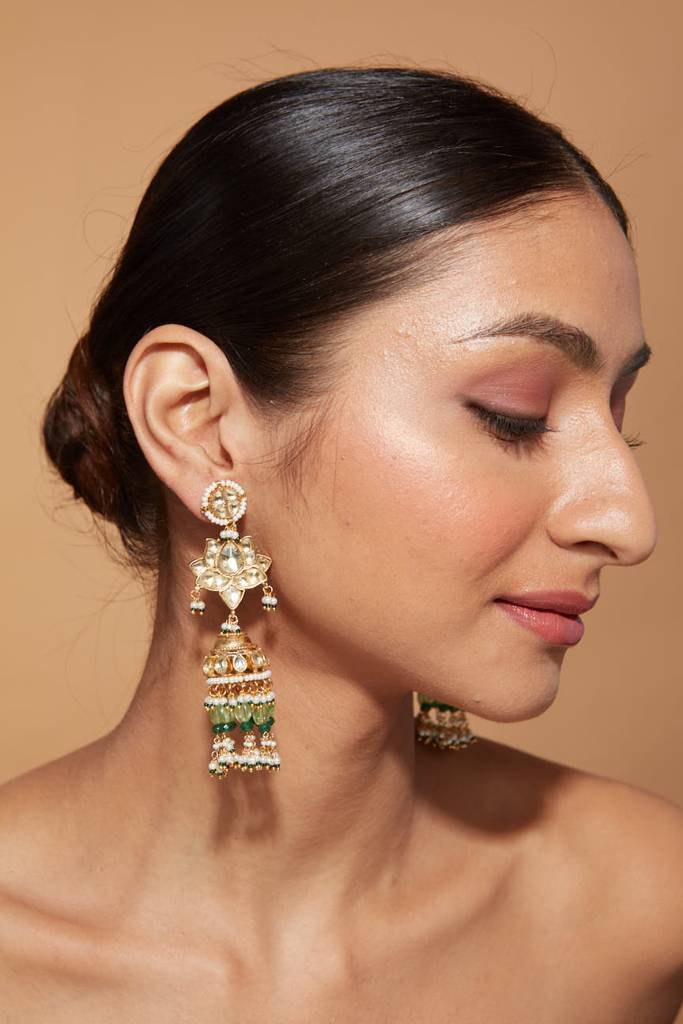 Gold Plated Kundan With Beads Drop Jhumka Earrings : VE352