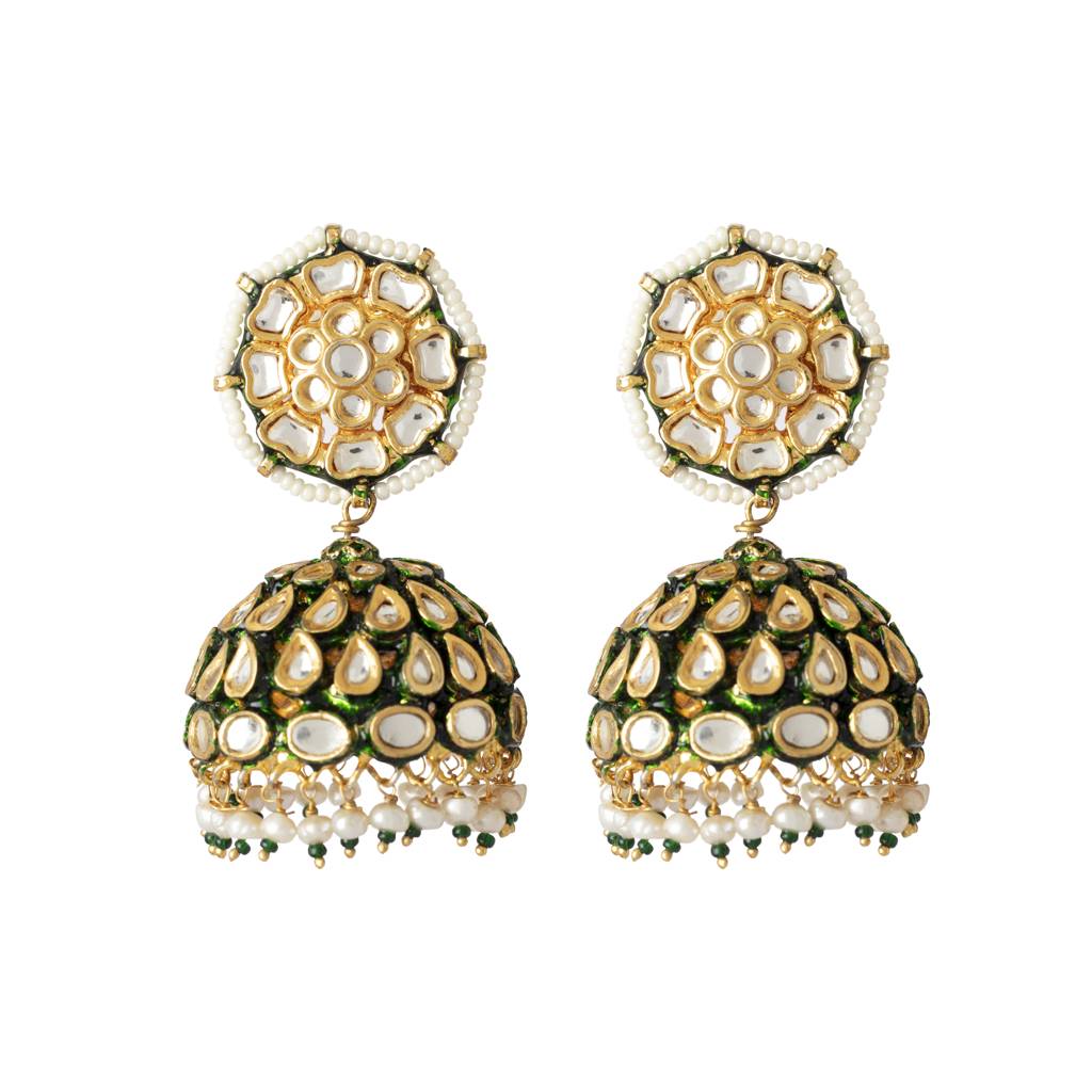 Gold Plated Kundan With Onyx Studded Jhumka Earrings : VE353