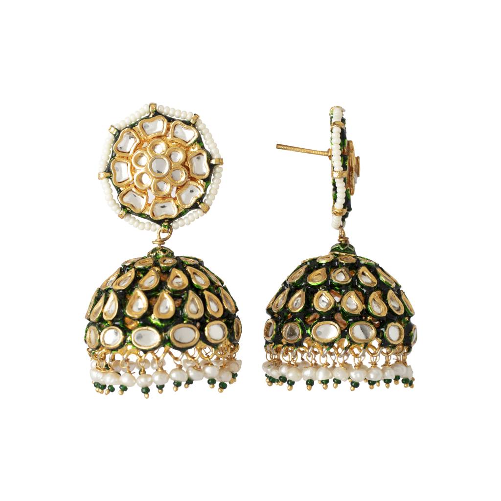 Gold Plated Kundan With Onyx Studded Jhumka Earrings : VE353