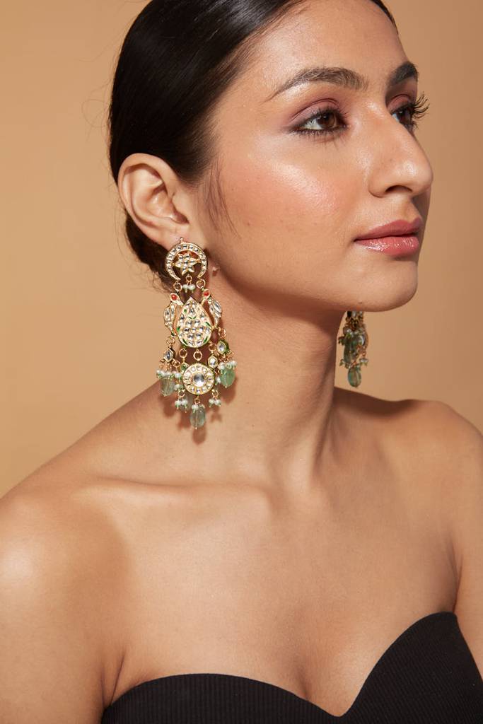 Gold Plated Kundan With Bead Drop Danglers Earrings : VE460