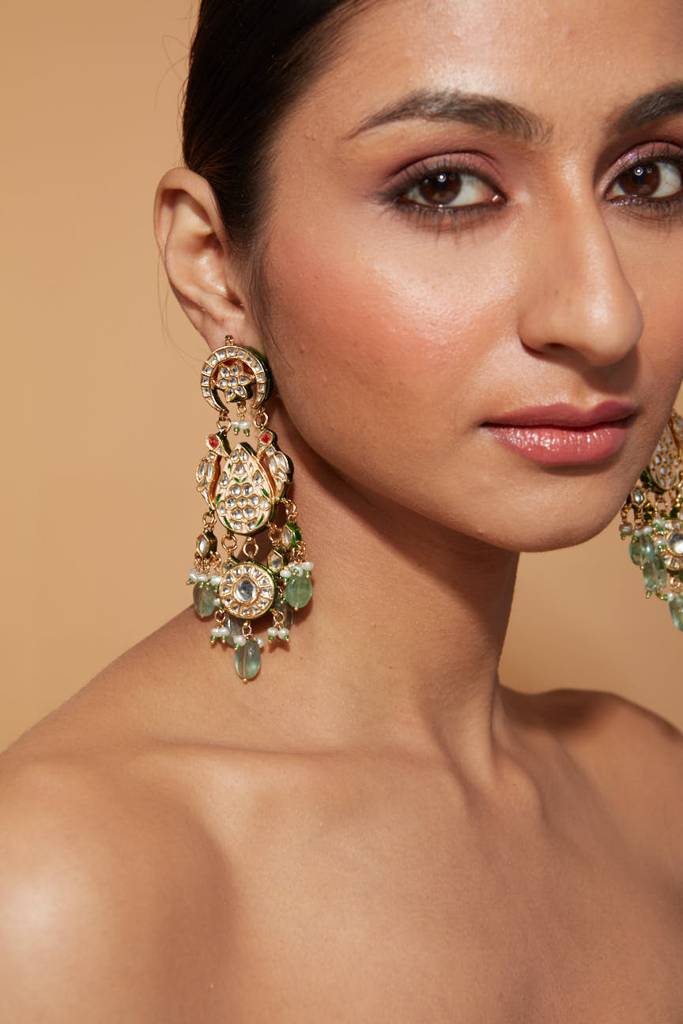 Gold Plated Kundan With Bead Drop Danglers Earrings : VE460