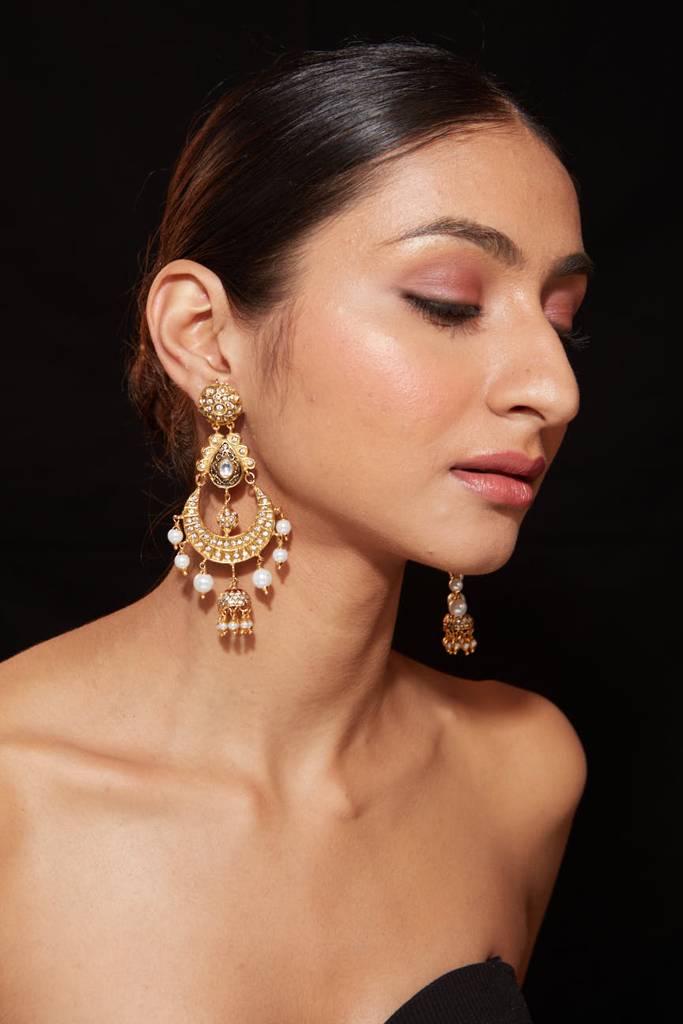 Gold Plated Kundan With Pearl Drop Chaandbali Earrings : VE461
