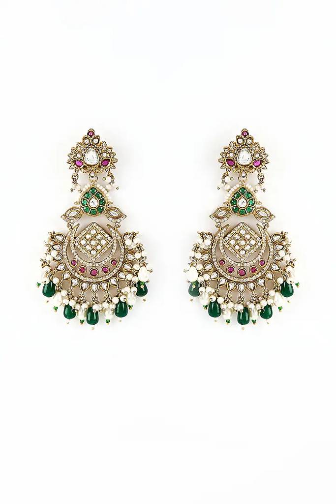 Vivinia By Vidhi Mehra Florence Gold Plated Green Kundan, Polki Womens Pair Of Danglers Earrings (Freesize)-Ve819 : VE819