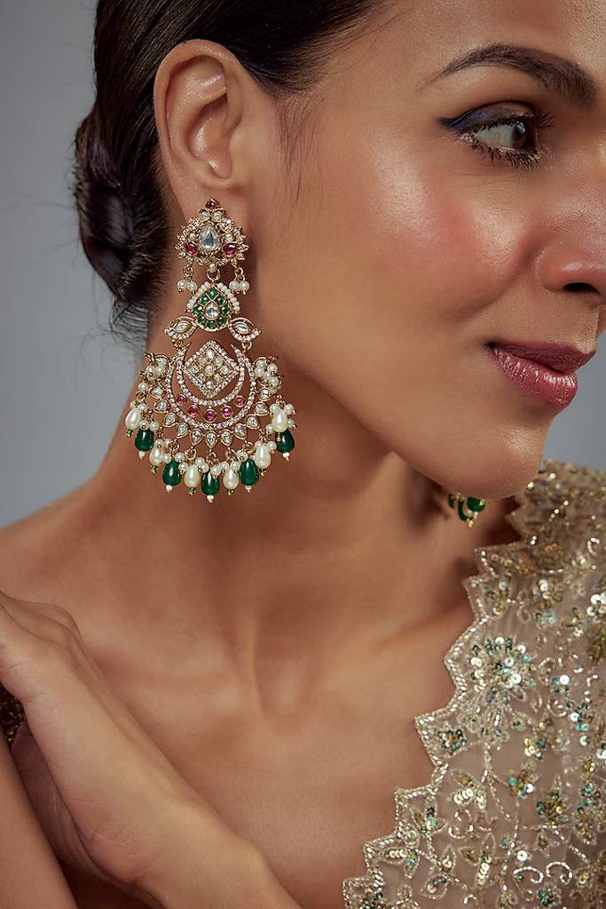 Vivinia By Vidhi Mehra Florence Gold Plated Green Kundan, Polki Womens Pair Of Danglers Earrings (Freesize)-Ve819 : VE819