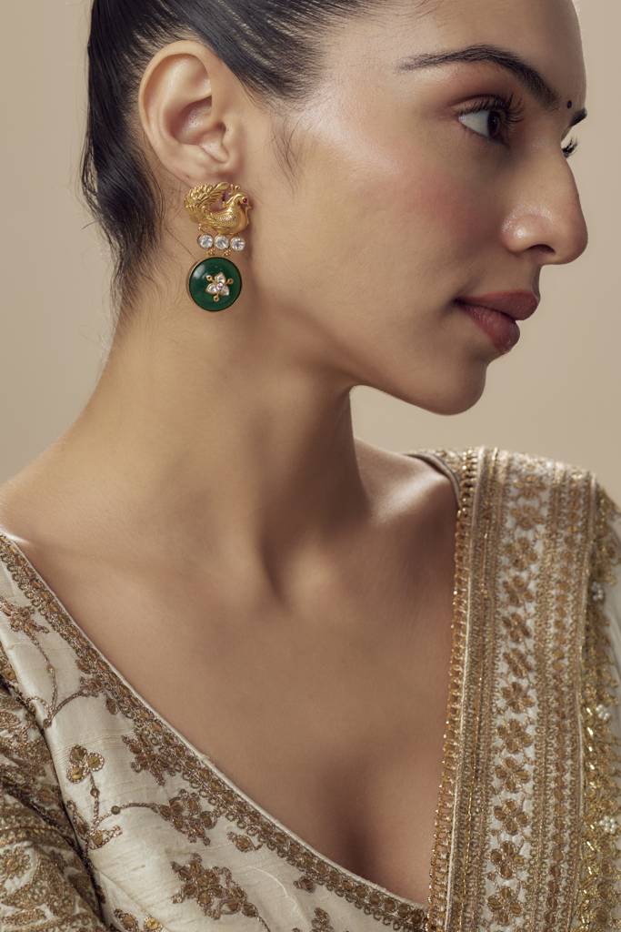 Vivinia By Vidhi Mehra Burgundy Gold Plated Green Womens Kundan, Polki Pair Of Dangler Earrings (Freesize)-Ve858 : VE858