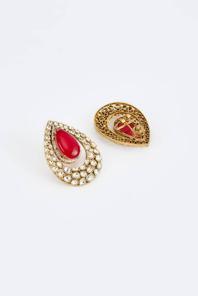 Vivinia By Vidhi Mehra Antara Gold Plated Red Womens Kundan, Polki Pair Of Stud Earrings (Freesize)-Ve859 : VE859