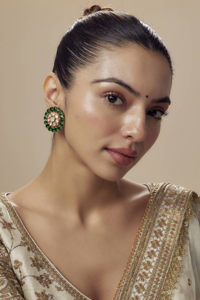 Vivinia By Vidhi Mehra Florence Gold Plated Green Womens Kundan, Polki Pair Of Stud Earrings (Freesize)-Ve860 : VE860