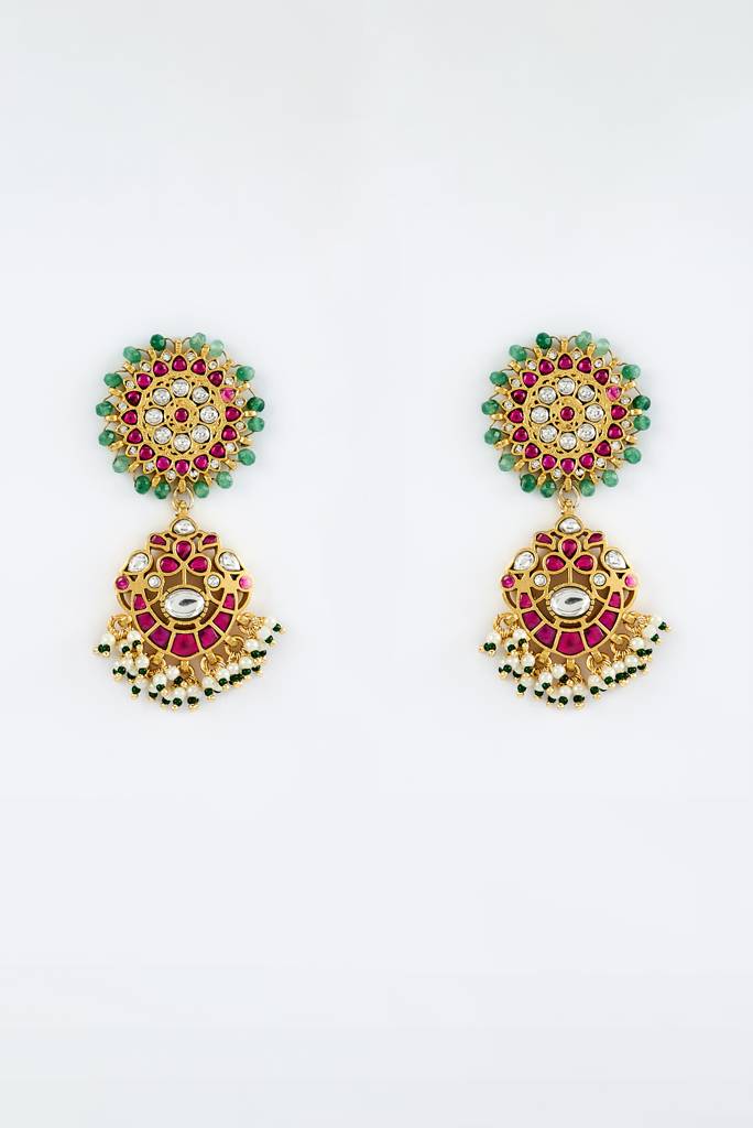 Vivinia By Vidhi Mehra Morpankh Gold Plated Multicolored Womens Kundan, Polki Pair Of Dangler Earrings (Freesize)-Ve864 : VE864