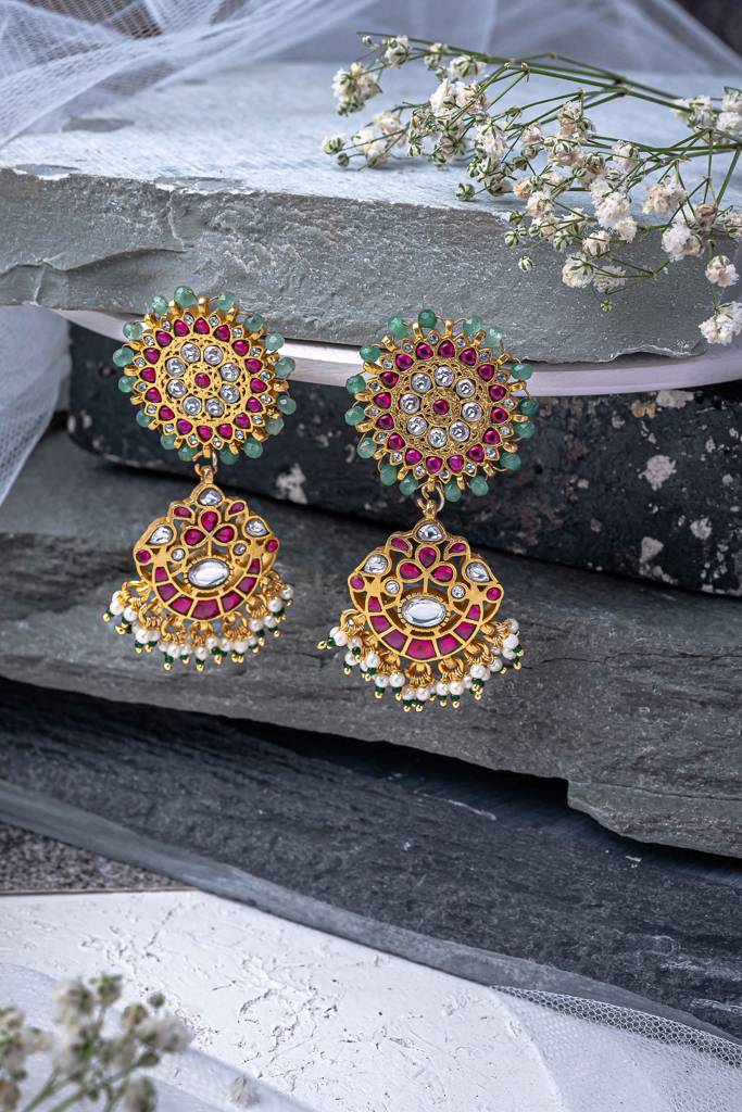 Vivinia By Vidhi Mehra Morpankh Gold Plated Multicolored Womens Kundan, Polki Pair Of Dangler Earrings (Freesize)-Ve864 : VE864