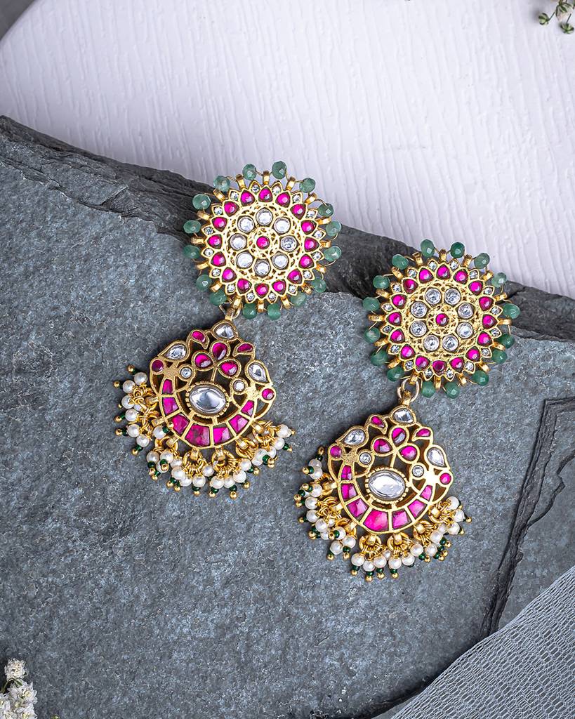 Vivinia By Vidhi Mehra Morpankh Gold Plated Multicolored Womens Kundan, Polki Pair Of Dangler Earrings (Freesize)-Ve864 : VE864