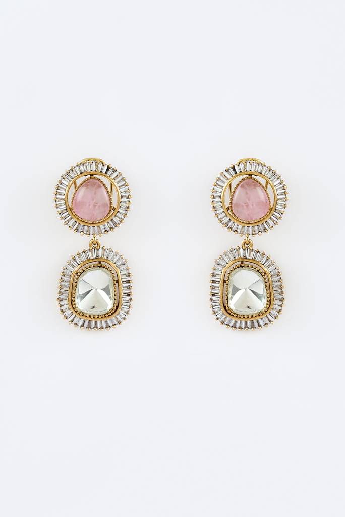 Vivinia By Vidhi Mehra Burgundy Gold Plated Pink Womens Kundan, Polki Pair Of Dangler Earrings (Freesize)-Ve871 : VE871