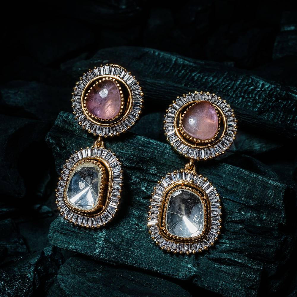 Vivinia By Vidhi Mehra Burgundy Gold Plated Pink Womens Kundan, Polki Pair Of Dangler Earrings (Freesize)-Ve871 : VE871
