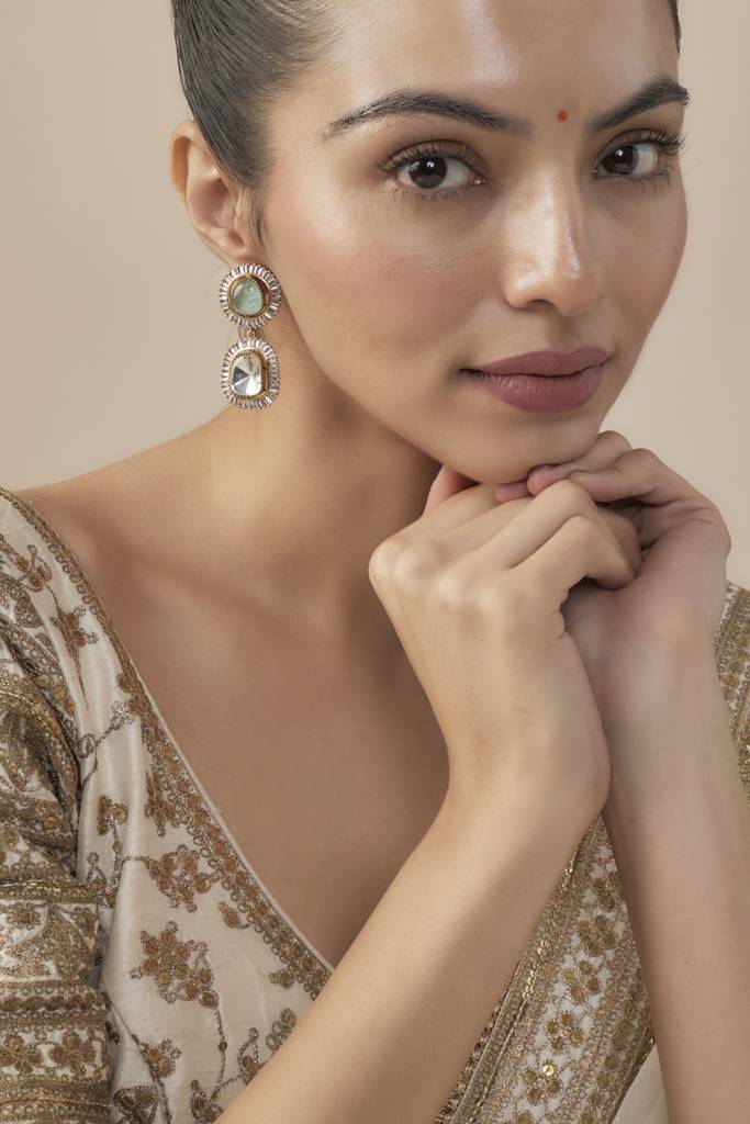Vivinia By Vidhi Mehra Burgundy Gold Plated Green Womens Kundan, Polki Pair Of Dangler Earrings (Freesize)-Ve872 : VE872
