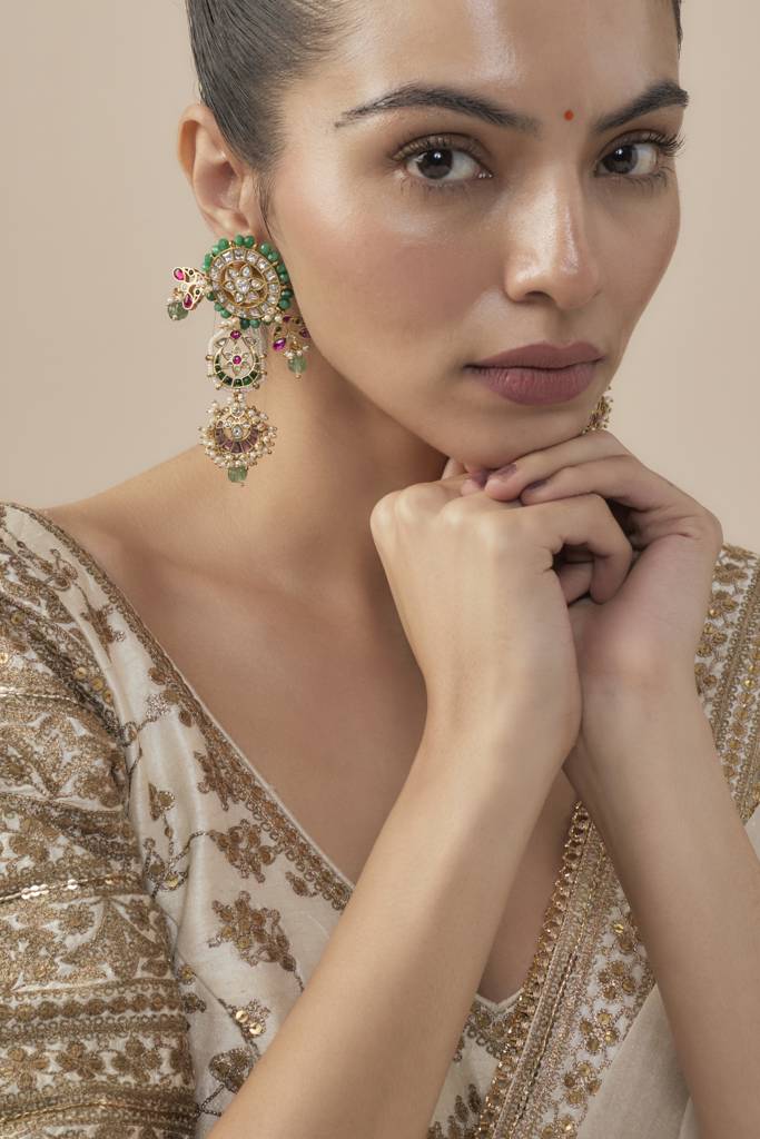 Vivinia By Vidhi Mehra Morpankh Gold Plated Multicolored Womens Kundan, Polki Pair Of Dangler Earrings (Freesize)-Ve873 : VE873