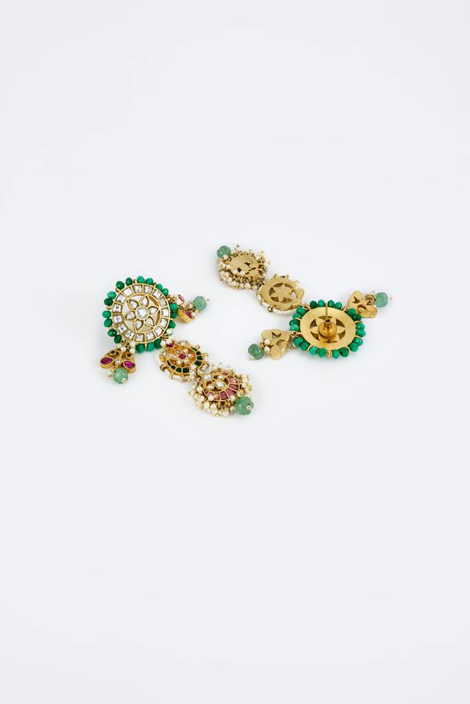 Vivinia By Vidhi Mehra Morpankh Gold Plated Multicolored Womens Kundan, Polki Pair Of Dangler Earrings (Freesize)-Ve873 : VE873