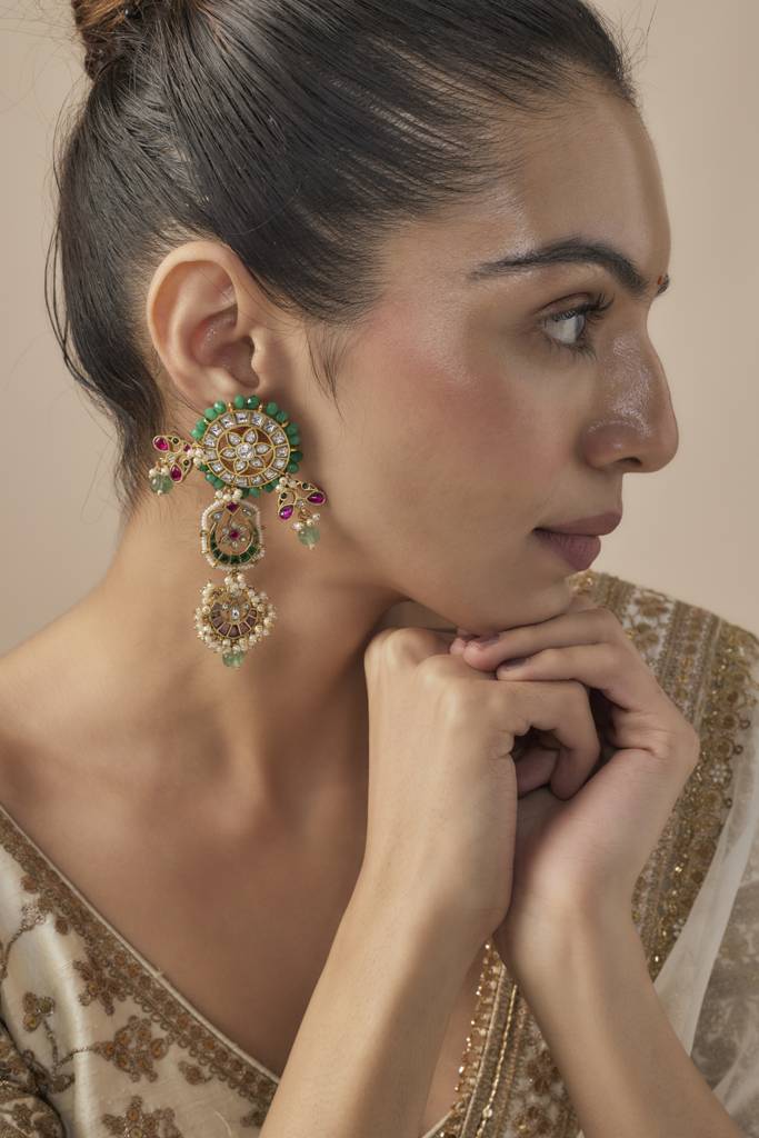 Vivinia By Vidhi Mehra Morpankh Gold Plated Multicolored Womens Kundan, Polki Pair Of Dangler Earrings (Freesize)-Ve873 : VE873