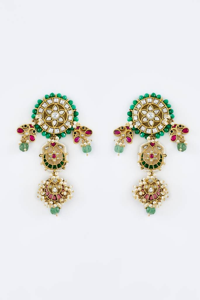Vivinia By Vidhi Mehra Morpankh Gold Plated Multicolored Womens Kundan, Polki Pair Of Dangler Earrings (Freesize)-Ve873 : VE873