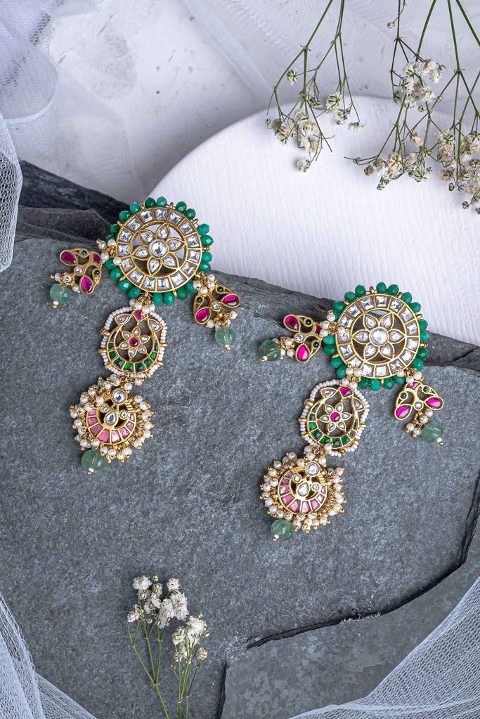 Vivinia By Vidhi Mehra Morpankh Gold Plated Multicolored Womens Kundan, Polki Pair Of Dangler Earrings (Freesize)-Ve873 : VE873