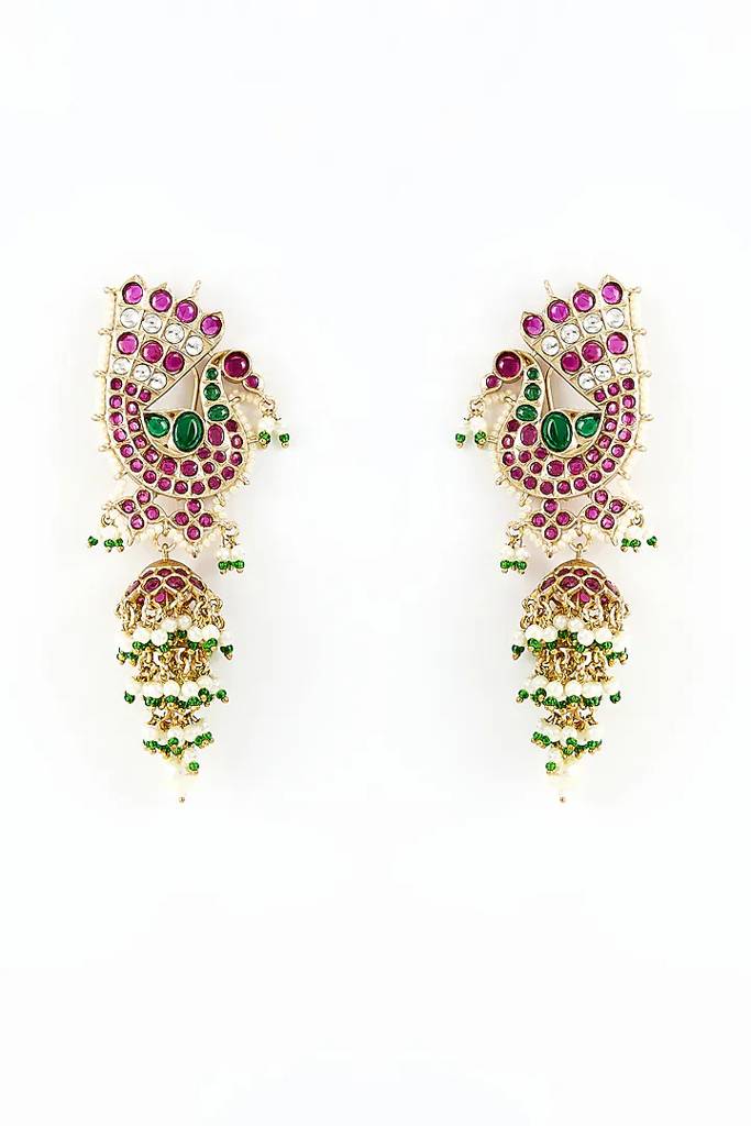 Vivinia By Vidhi Mehra Morpankh Gold Plated Pink & Green Kundan, Polki Womens Pair Of Danglers Earrings (Freesize)-Ve916 : VE916