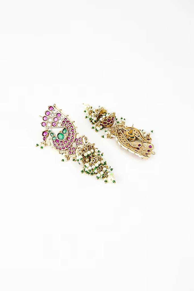 Vivinia By Vidhi Mehra Morpankh Gold Plated Pink & Green Kundan, Polki Womens Pair Of Danglers Earrings (Freesize)-Ve916 : VE916